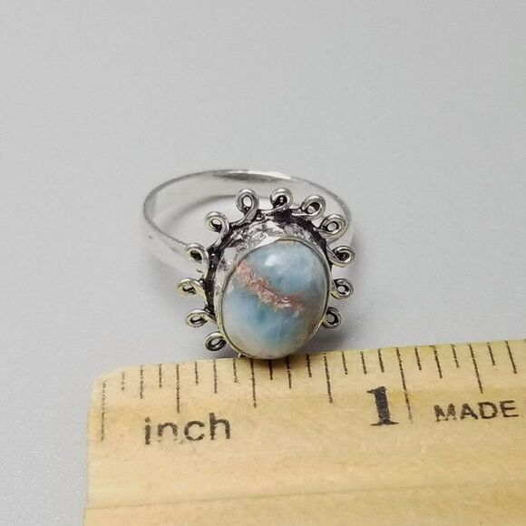 Vintage Blue Cabochon Stone Ring, Silver Tone Bezel Set Size 7.5 Band, Estate - Picture 5 of 7